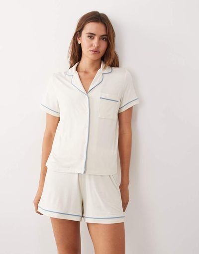 ASOS DESIGN ASOS DESIGN Viscose super soft short sleeve shirt and short pyjama set in ivory with blue trim-Multi
