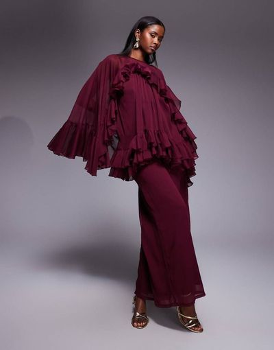 ASOS DESIGN ASOS DESIGN volume ruffle cape jumpsuit in berry-Purple