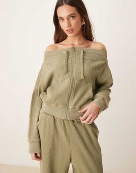 ASOS DESIGN ASOS DESIGN waffle knit off the shoulder zip up sweatshirt in khaki green - part of a set-pink