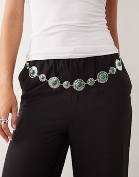 ASOS DESIGN ASOS DESIGN waist and hip green stone set chain belt in silver tone