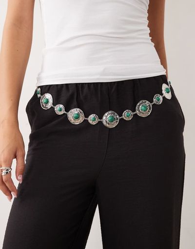 ASOS DESIGN ASOS DESIGN waist and hip green stone set chain belt in silver tone
