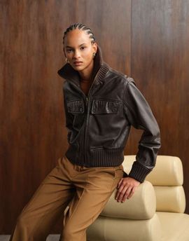 ASOS DESIGN ASOS DESIGN washed real leather cropped jacket in chocolate-Brown