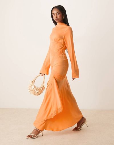 ASOS DESIGN ASOS DESIGN washed satin cowl neck maxi dress with lace details in orange