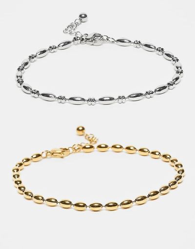 ASOS DESIGN ASOS DESIGN waterproof stainless steel 2 pack puffy ball chain bracelets in silver tone and gold tone-Multi