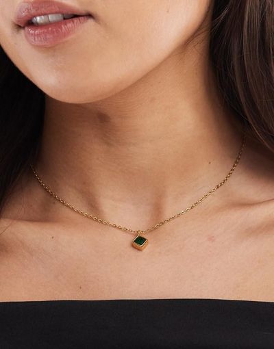 ASOS DESIGN ASOS DESIGN waterproof stainless steel chain necklace with cubic zirconia green stone in gold tone with gift bag