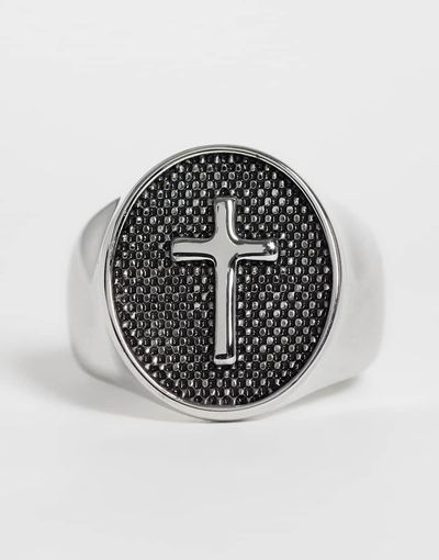 ASOS DESIGN ASOS DESIGN waterproof stainless steel cross and texture flat top burnished signet ring in silver