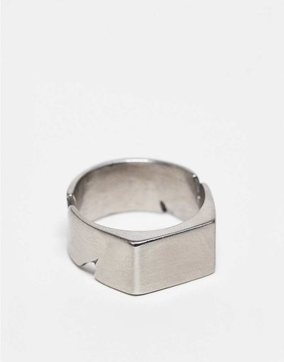 ASOS DESIGN ASOS DESIGN waterproof stainless steel cut out brushed silver signet ring in silver