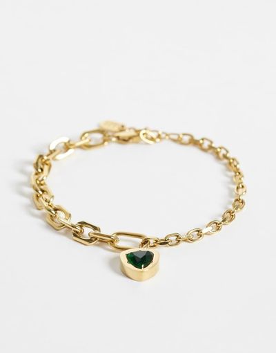 ASOS DESIGN ASOS DESIGN waterproof stainless steel green stone pendant bracelet in gold