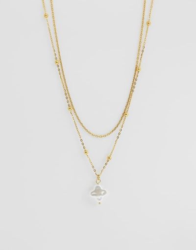 ASOS DESIGN ASOS DESIGN waterproof stainless steel multi-row necklace with faux pearl pendant in gold tone
