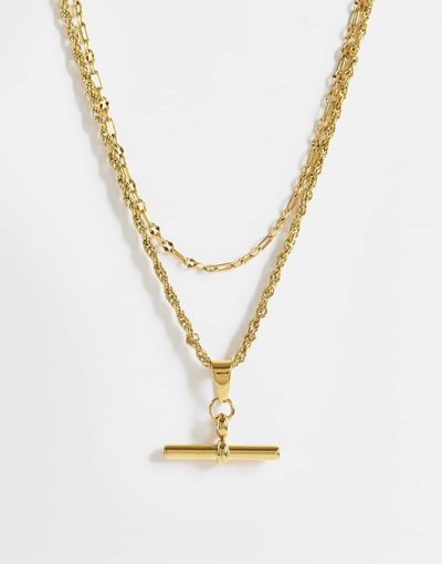 ASOS DESIGN ASOS DESIGN waterproof stainless steel muti-row necklace with tbar in gold tone