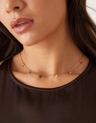 ASOS DESIGN ASOS DESIGN waterproof stainless steel necklace with cubic zirconia rainbow gems in gold tone with gift bag