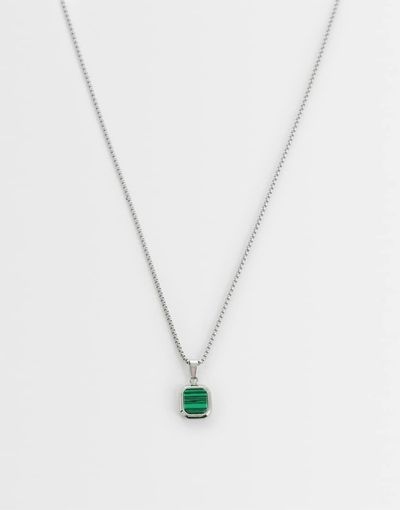 ASOS DESIGN ASOS DESIGN waterproof stainless steel necklace with square malachite pendant in silver