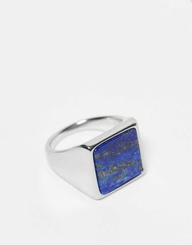 ASOS DESIGN ASOS DESIGN waterproof stainless steel square blue lapis semi-precious signet ring in silver