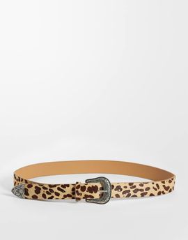 ASOS DESIGN ASOS DESIGN western buckle leopard print cowhide hair belt in beige-Neutral