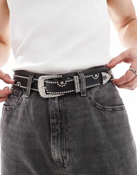ASOS DESIGN ASOS DESIGN western cowboy studded diamante belt in black faux leather