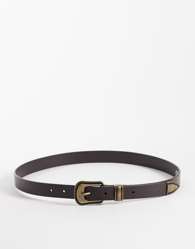 ASOS DESIGN ASOS DESIGN western skinny leather belt with antique gold buckle-Brown