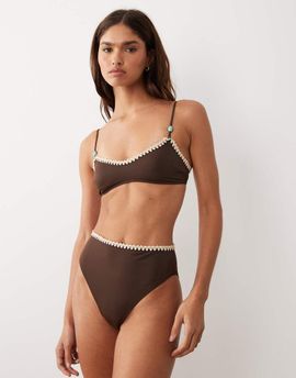 ASOS DESIGN ASOS DESIGN Whitney Whip Azores high leg high waist bikini bottoms with whipstitch detailing in brown