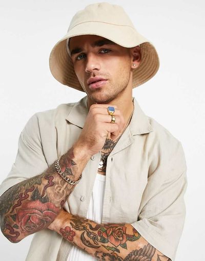 ASOS DESIGN ASOS DESIGN wide brim bucket hat in stone linen-Neutral