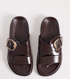 ASOS DESIGN ASOS DESIGN Wide Fit Freeway double strap slides in chocolate-Brown