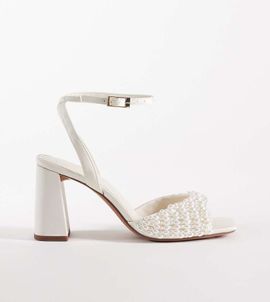 ASOS DESIGN ASOS DESIGN Wide Fit Honour faux-pearl embellished barely there mid height block heel sandals in ivory-White
