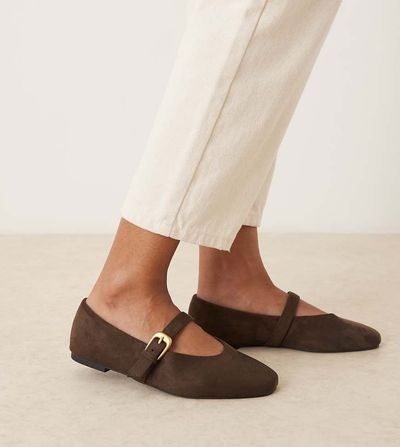 ASOS DESIGN ASOS DESIGN Wide Fit Leah mary jane ballet flats in chocolate suedette-Brown