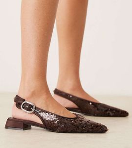 ASOS DESIGN ASOS DESIGN Wide Fit Leonora sequin slingback ballet flats in chocolate-Brown