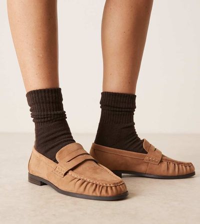 ASOS DESIGN ASOS DESIGN Wide Fit Minnie ruched detailing loafers in tan suedette-Neutral