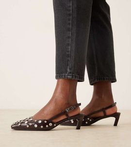 ASOS DESIGN ASOS DESIGN Wide Fit Shadow embellished chisel toe slingback mid heel shoes in chocolate-Brown