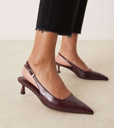 ASOS DESIGN ASOS DESIGN Wide Fit Skip slingback kitten heel shoes in burgundy patent-Red