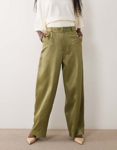 ASOS DESIGN ASOS DESIGN wide leg belted satin pants in olive-Green