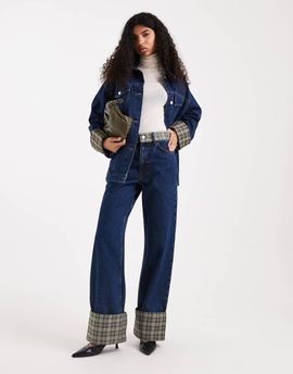 ASOS DESIGN ASOS DESIGN wide leg jeans with plaid print cuffs in indigo-Blue