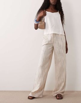 ASOS DESIGN ASOS DESIGN wide leg pants with pleat detail in linen blend in natural stripes-Neutral