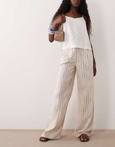 ASOS DESIGN ASOS DESIGN wide leg pants with pleat detail in linen blend in natural stripes-Neutral