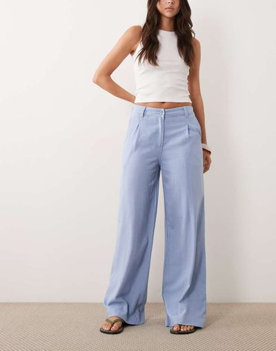 ASOS DESIGN ASOS DESIGN wide leg pants with pleat detail in linen look in blue-Green
