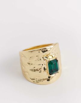 ASOS DESIGN ASOS DESIGN wide ring with green faux stone in hammered gold tone
