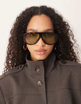 ASOS DESIGN ASOS DESIGN wide temple aviator sunglasses in tort with green lenses-Brown