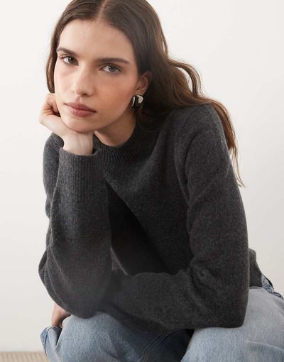 Asos Design Wool Blend Neat Fit Sweater In Charcoal Gray