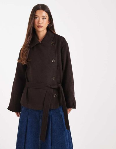ASOS DESIGN ASOS DESIGN wool blend short trench coat with low belt in chocolate-Brown