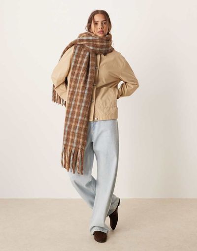 ASOS DESIGN ASOS DESIGN woven checked scarf in chocolate with pale blue-Multi