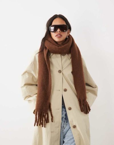 ASOS DESIGN ASOS DESIGN woven fluffy tassel scarf in chocolate-Brown