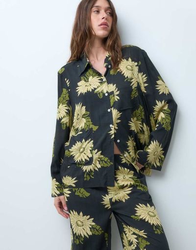 ASOS DESIGN ASOS DESIGN woven modal long sleeve shirt and wide leg trouser pyjama set in dark floral print-MULTI