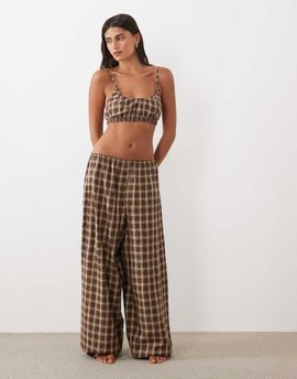 ASOS DESIGN ASOS DESIGN woven plaid crop top and wide leg pants pajama set with lace trim in brown