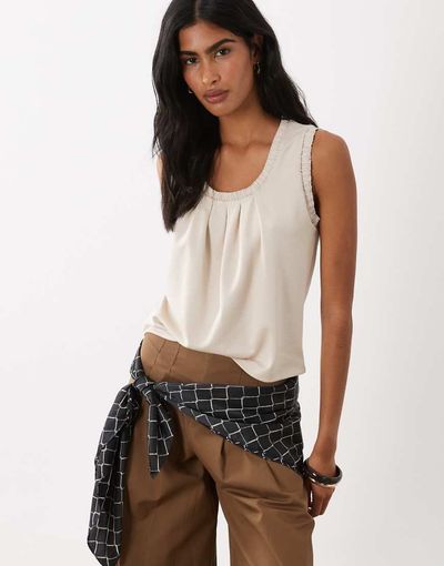 ASOS DESIGN ASOS DESIGN woven trim pleat detail scoop tank top in ecru-White