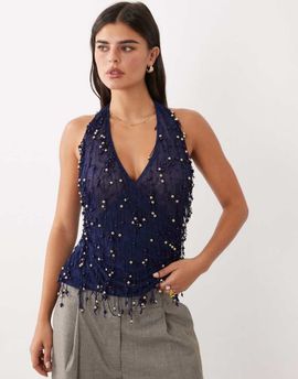 ASOS DESIGN ASOS DESIGN wrap front halter neck top with beaded fringing in navy