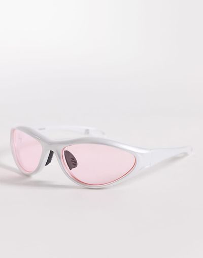 ASOS DESIGN ASOS DESIGN wrap light tint sunglasses in white frame with pink lens