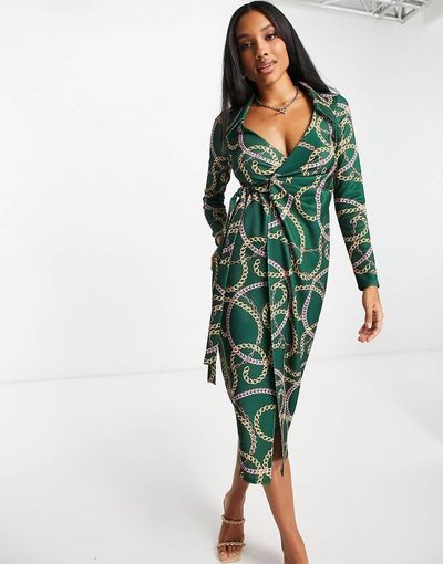 ASOS DESIGN ASOS DESIGN wrap shirt midi dress in chain print-Green