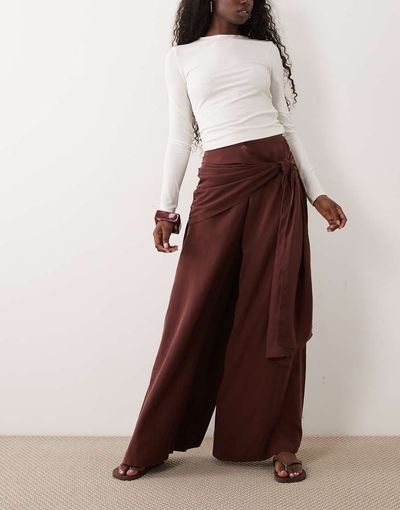 ASOS DESIGN ASOS DESIGN wrapover detail wide leg pants in chocolate-Neutral