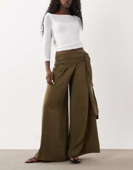 ASOS DESIGN ASOS DESIGN wrapover detail wide leg pants in khaki-Green