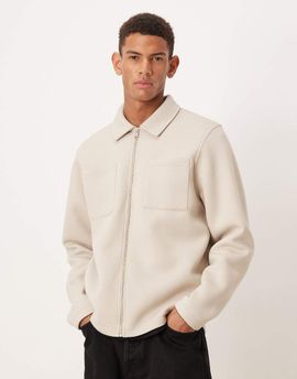 ASOS DESIGN ASOS DESIGN zip heavyweight up jacket in scuba-style fabric in beige-Neutral