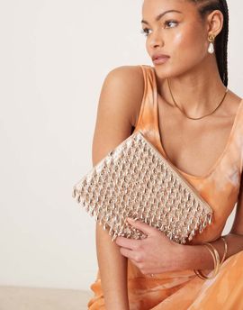 ASOS DESIGN ASOS DESIGN zip top clutch bag in all over beads in rose gold